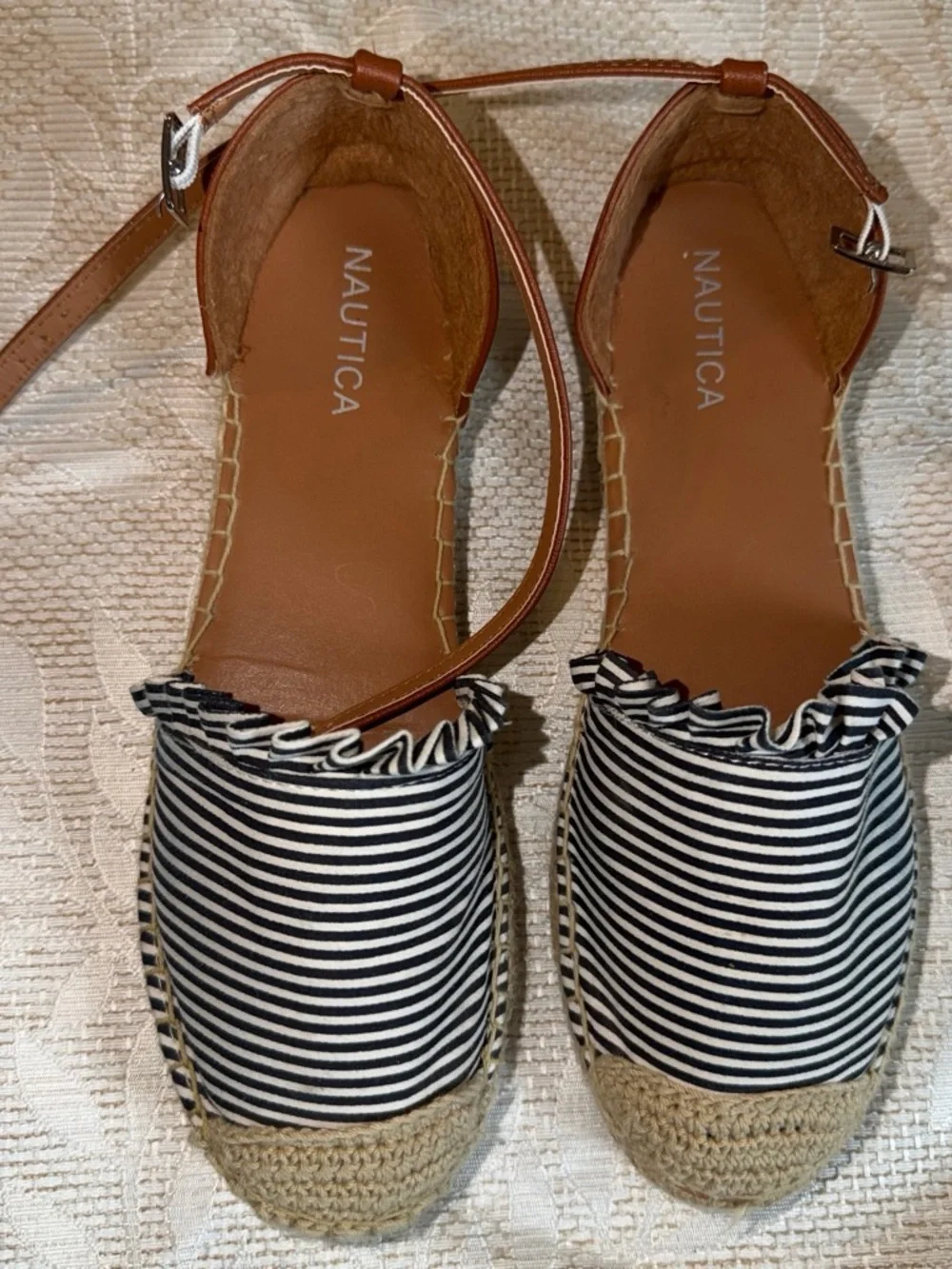 Nautica Black & White Striped Ruffle Espadrilles with Brown Ankle Straps